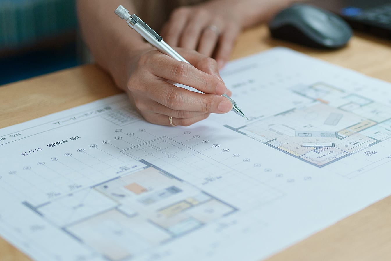 住宅の設計図面を作成している様子